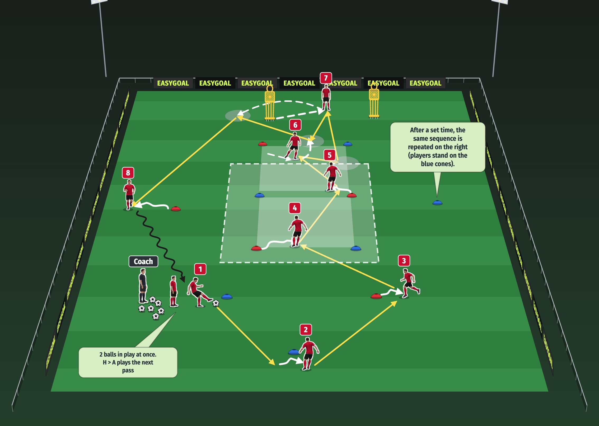A drill on the pitch: players, equipment, arrows and zones